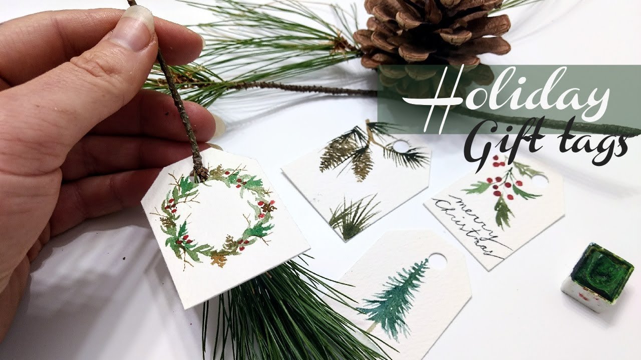 DIY Quick EASY Holiday Gift Tags in Watercolor » How to paint pinecones, pine trees, Christmas holly