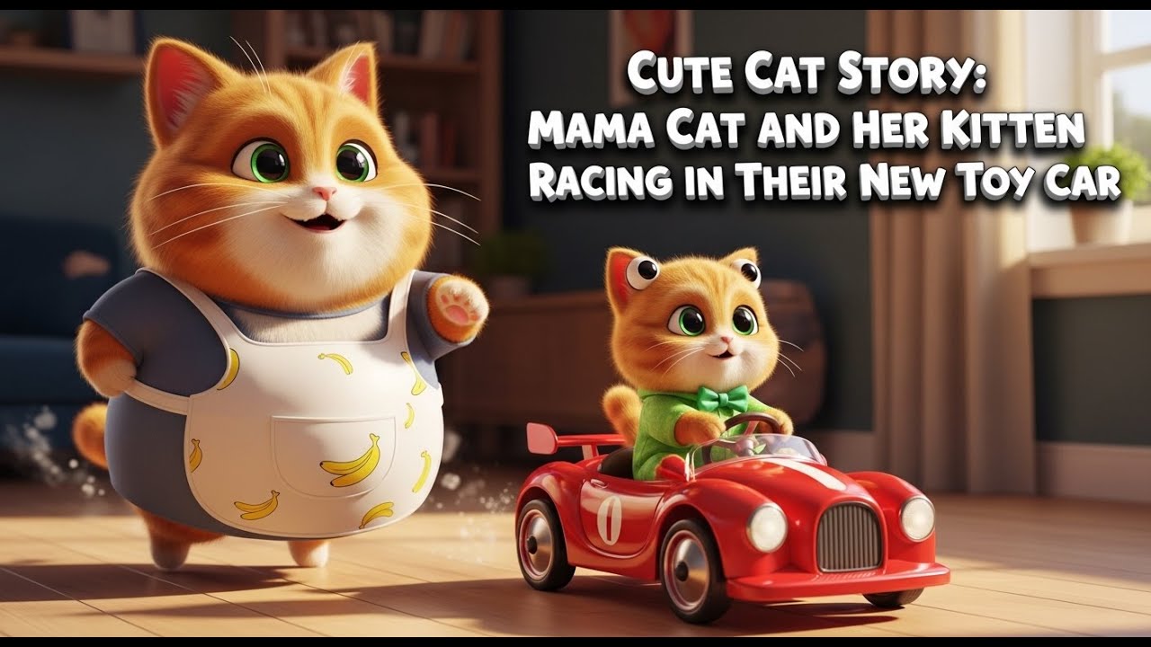 Cat Story: Mama Cat and Her Kitten Racing in Their New Toy Car