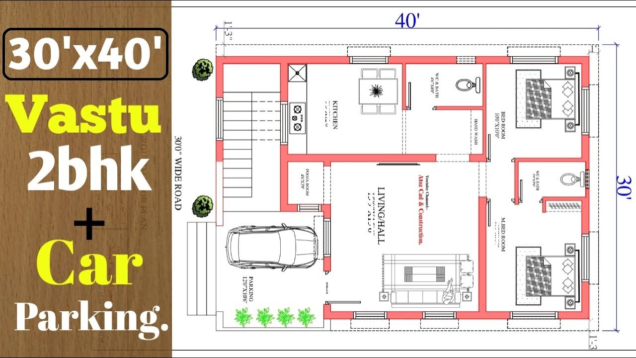 30'x40' EAST FACING HOUSE PLAN AS PAR VASTU 2bhk WITH CAR PARKING (1200 sqft)
