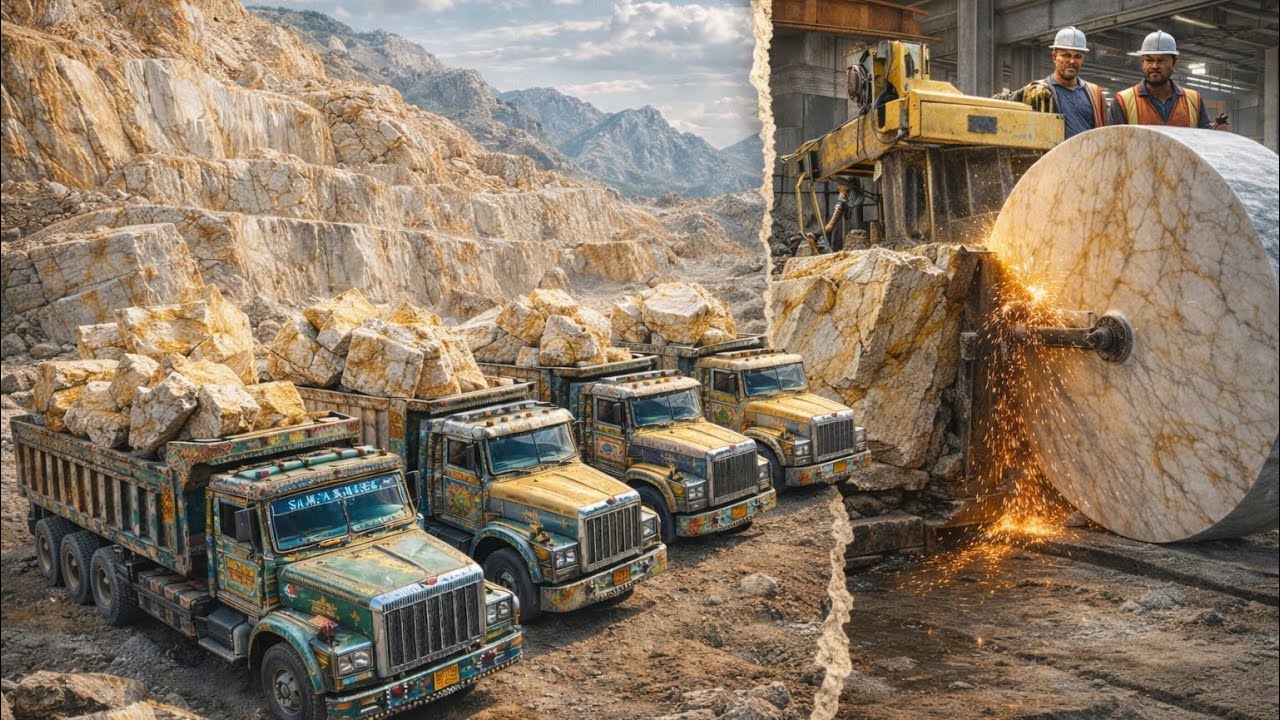 5 Wheel Loaders vs Massive Marble Stones | Insane Truck Loading & Factory Process