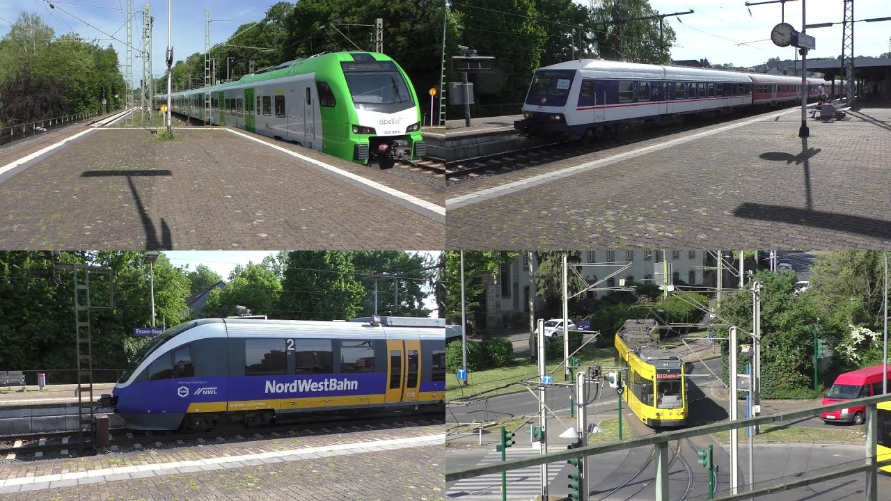 Bahnverkehr in Essen-Steele mit Br 182 + n-Wagen, FLIRT 3XL, Br422, Regionalexpress & Straßenbahn