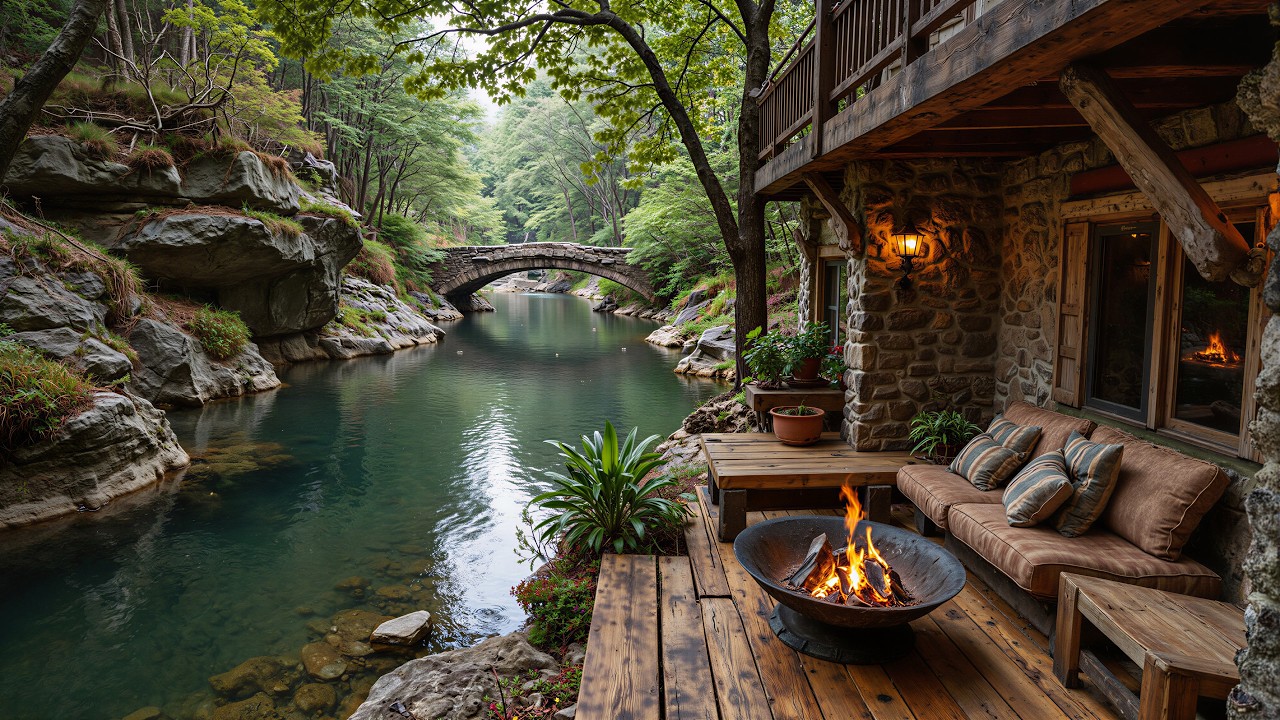 Cozy Spring Piano Music Forest Riverside Cabin Porch 🔥🌿 Relaxing Campfire & Birdsongs for Relaxation