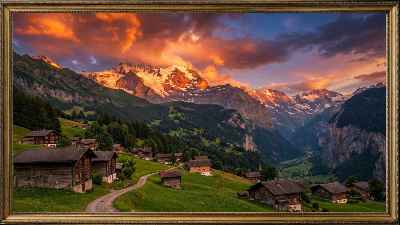 Mountain Village Under Glowing Skies | Frame TV Background Art 4K