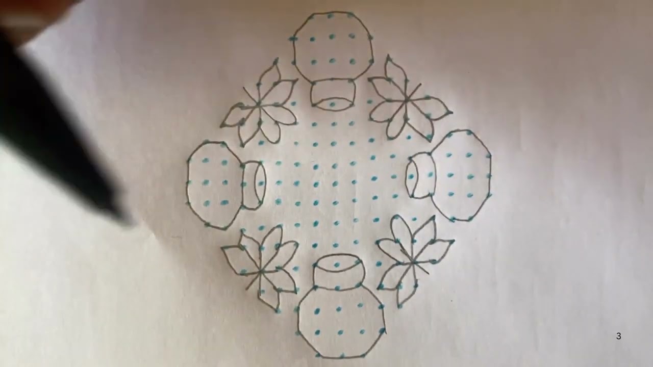 # 1354 very easy pot design kolam by using 17 dots 3 rows to 3