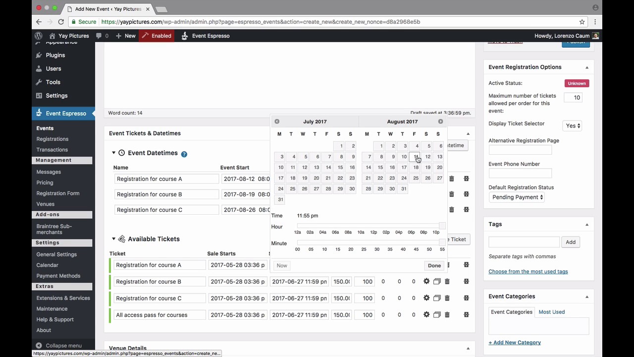 Sell Registrations for a Course with Different Topics from Your WordPress site with Event Espresso
