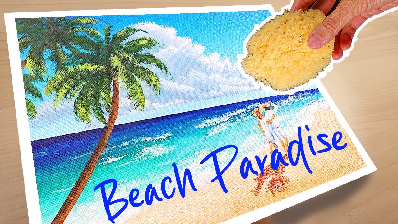 Painting Clouds & Beach with a Sponge (6 mins) | Beginner Acrylic Tutorial