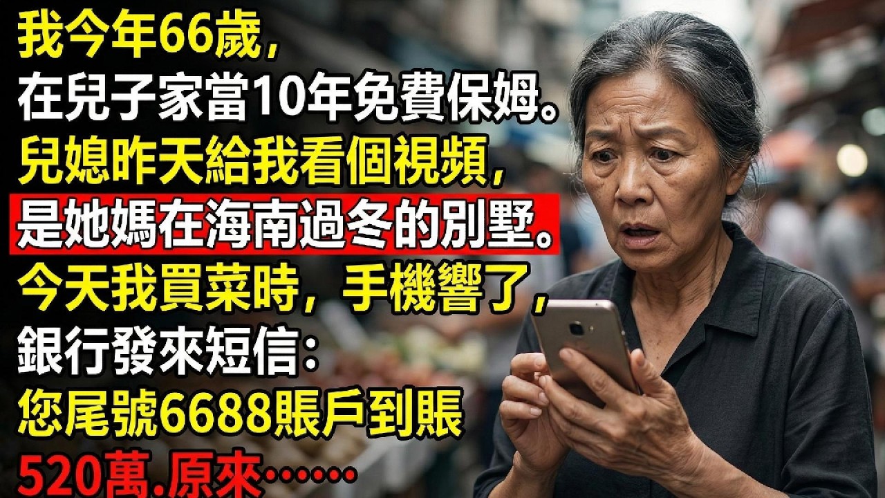 我今年66歲，在兒子家當10年免費保姆。兒媳昨天給我看個視頻，是她媽在海南過冬的別墅。今天我買菜時，手機響了，銀行發來短信：您尾號6688賬戶到賬520萬.#故事 #晚年生活 #社會現實