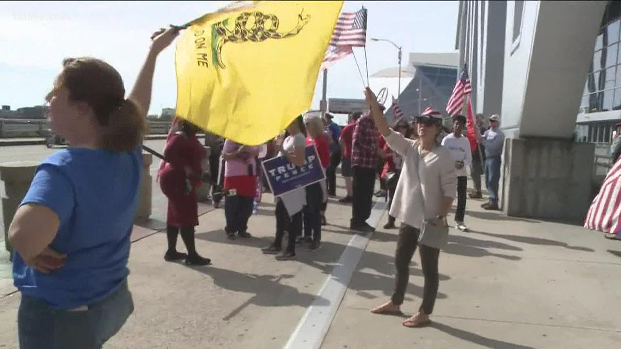 Crowds of demonstrators beginning to gather outside State Farm Arena