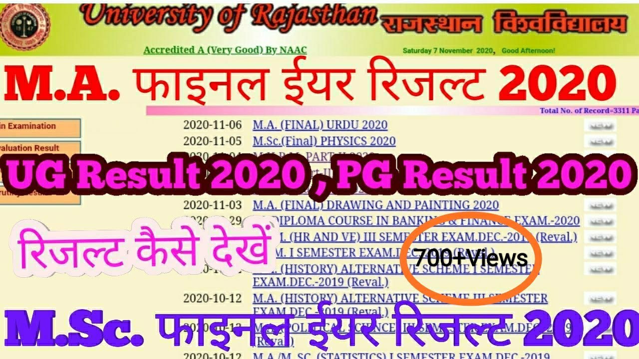 Uniraj Result 2020 || PG Result || M.A. Final | M.Sc. Final Result 2020 Rajasthan University Result