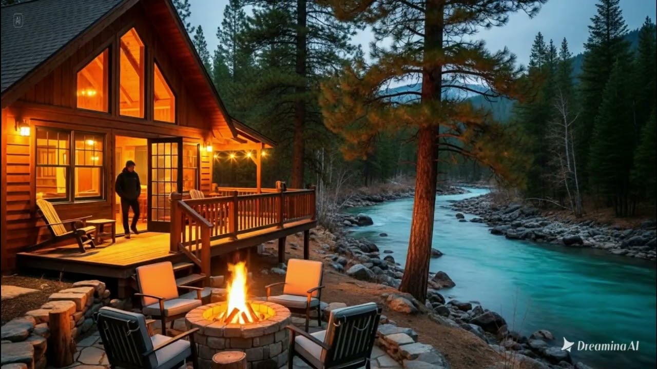 Peaceful Morning Riverside Cabin Porch Ambience 🌲🔥 Cozy Fire Pit, Calm Water Sounds & Birdsong