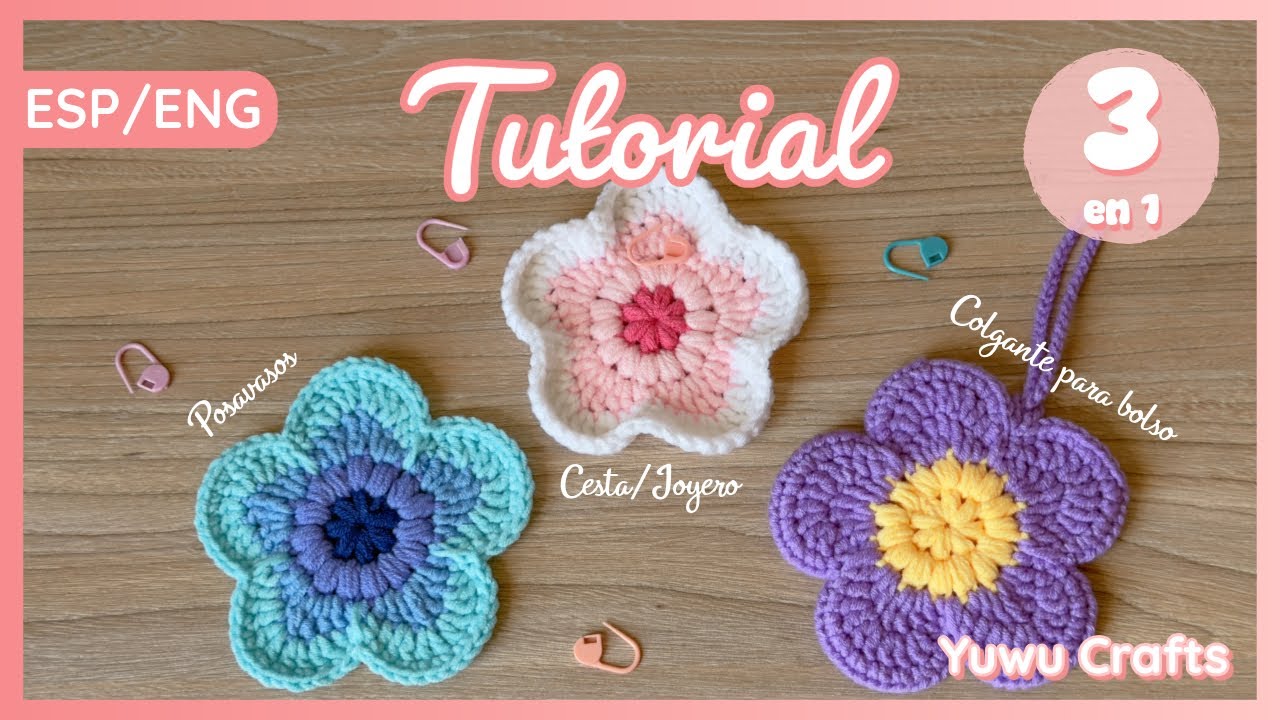 Flores a crochet 3 en 1 🌸 Colgante para bolso, Posavasos, Cesta | Tutorial paso a paso [ESP/ENG]