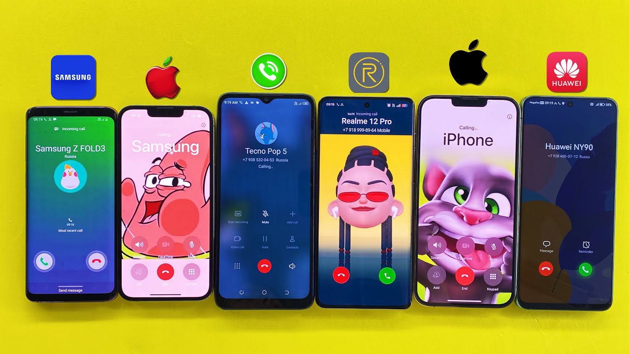 Samsung S9 Vs Realme 12 Pro Vs HUAWEI Y90 Incoming Call / Outgoing Call IPhone 13P Vs 13PM Vs Tecno