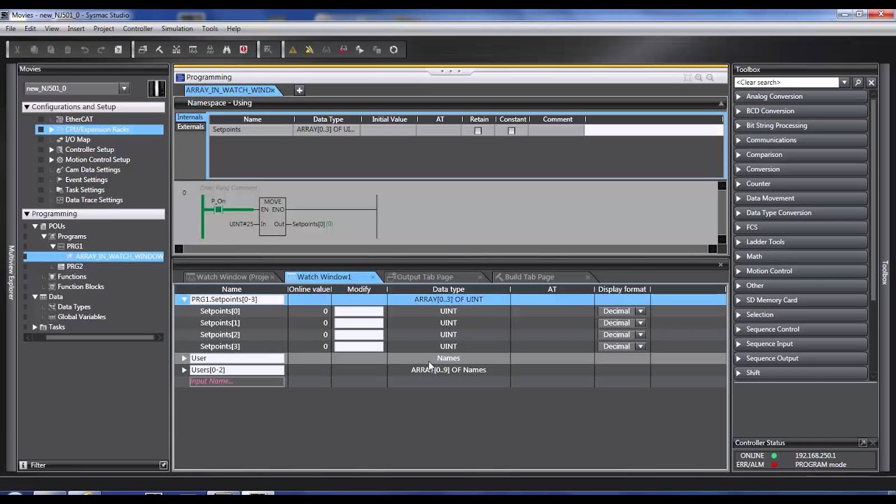 Sysmac Studio Arrays in Watch Window