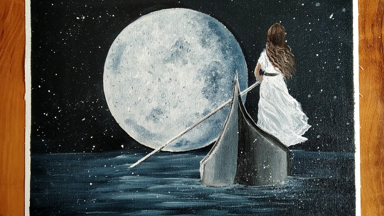 Full Moon Painting/Moonlight Night Sky Painting for Beginners/A Girl Sailing in Lonely Ship Painting