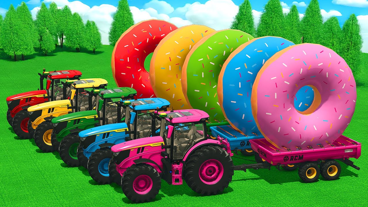 LOAD AND TRANSPORT GIANT DONUTS WITH JOHN DEERE TRACTORS - Farming Simulator 25