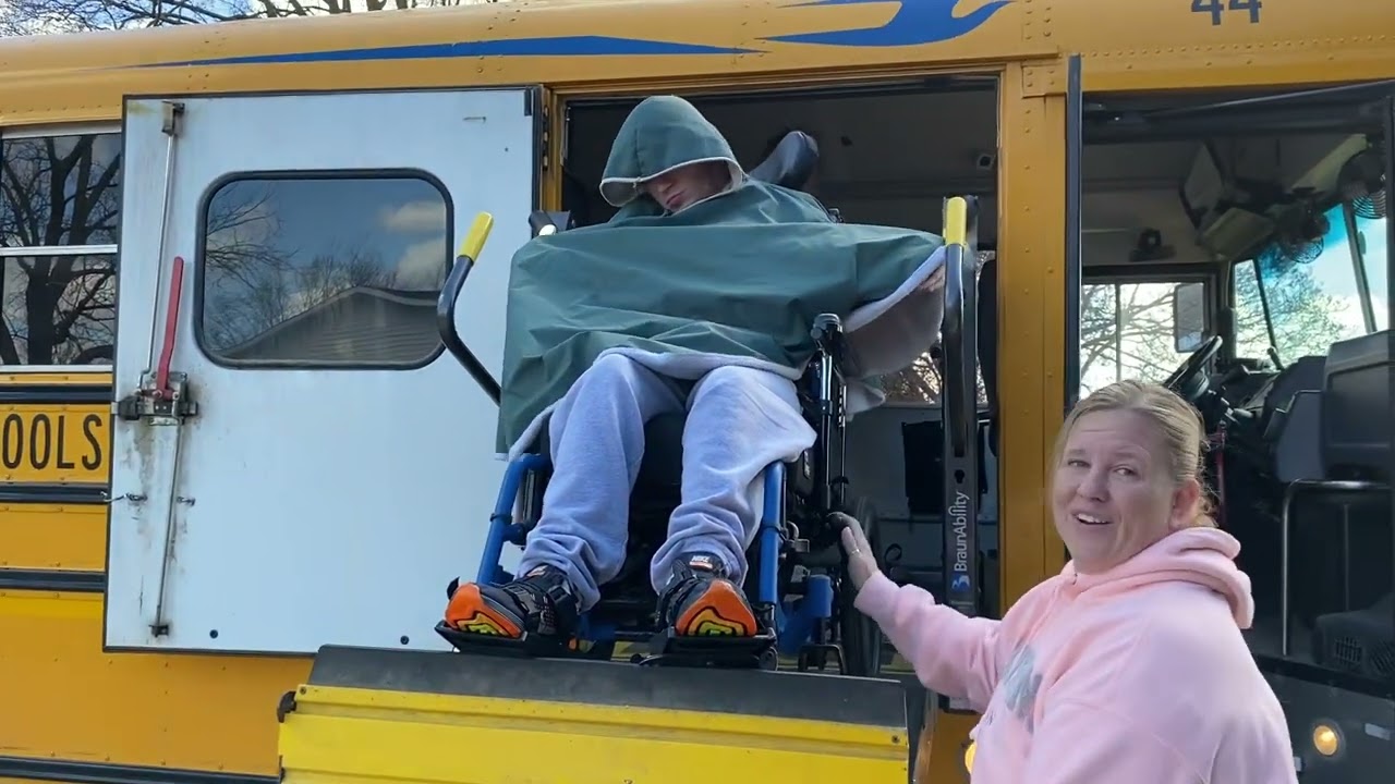 Sam getting off the school bus lift after school 4.4.24 @onthatnote