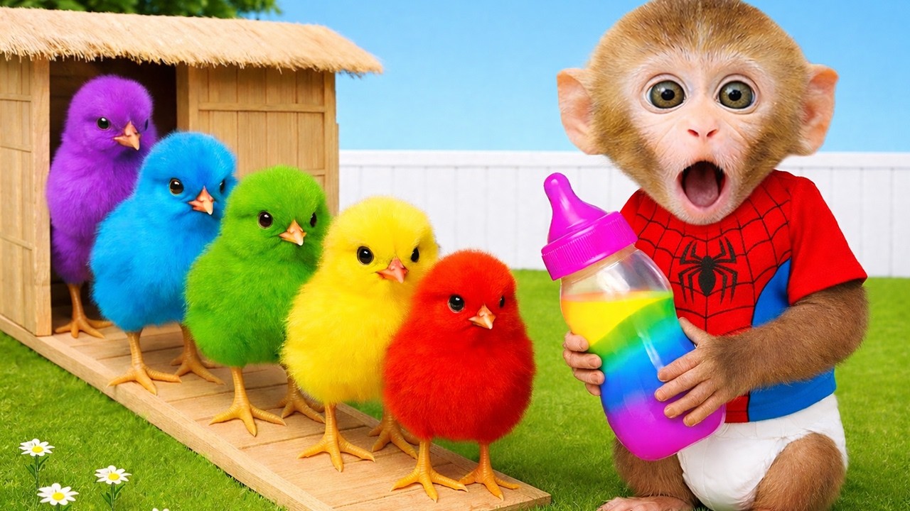 Monyet Kika Imut Berpetualang dengan Anak Ayam Pelangi! 🐣🌈🐒