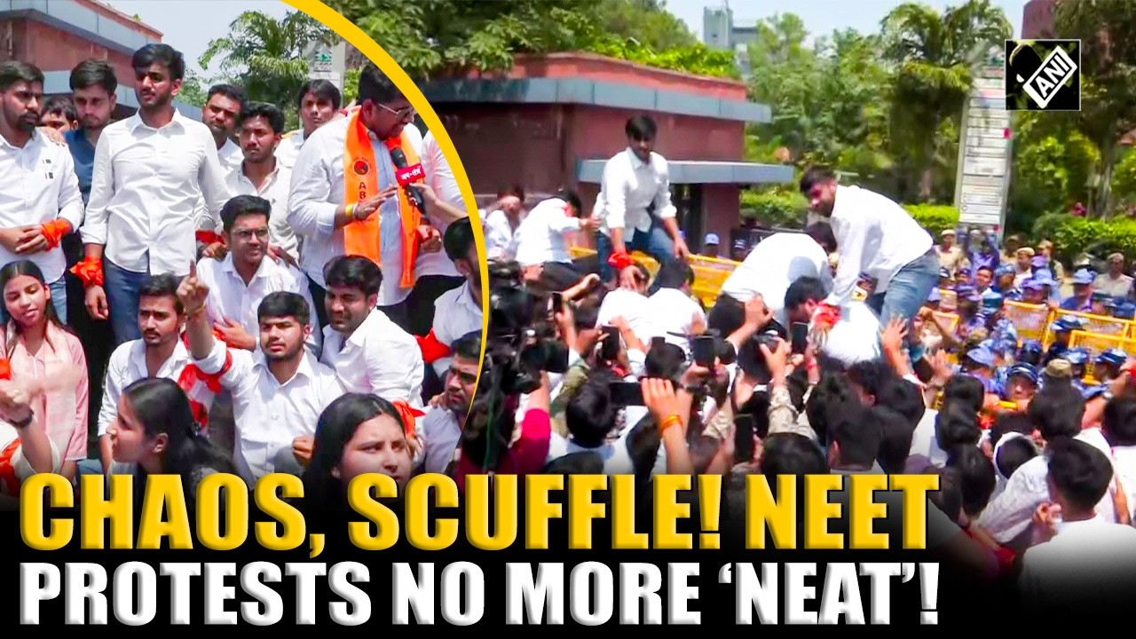 ABVP workers protest over alleged paper leak in NEET-UG 2026 exam outside NTA office in Delhi