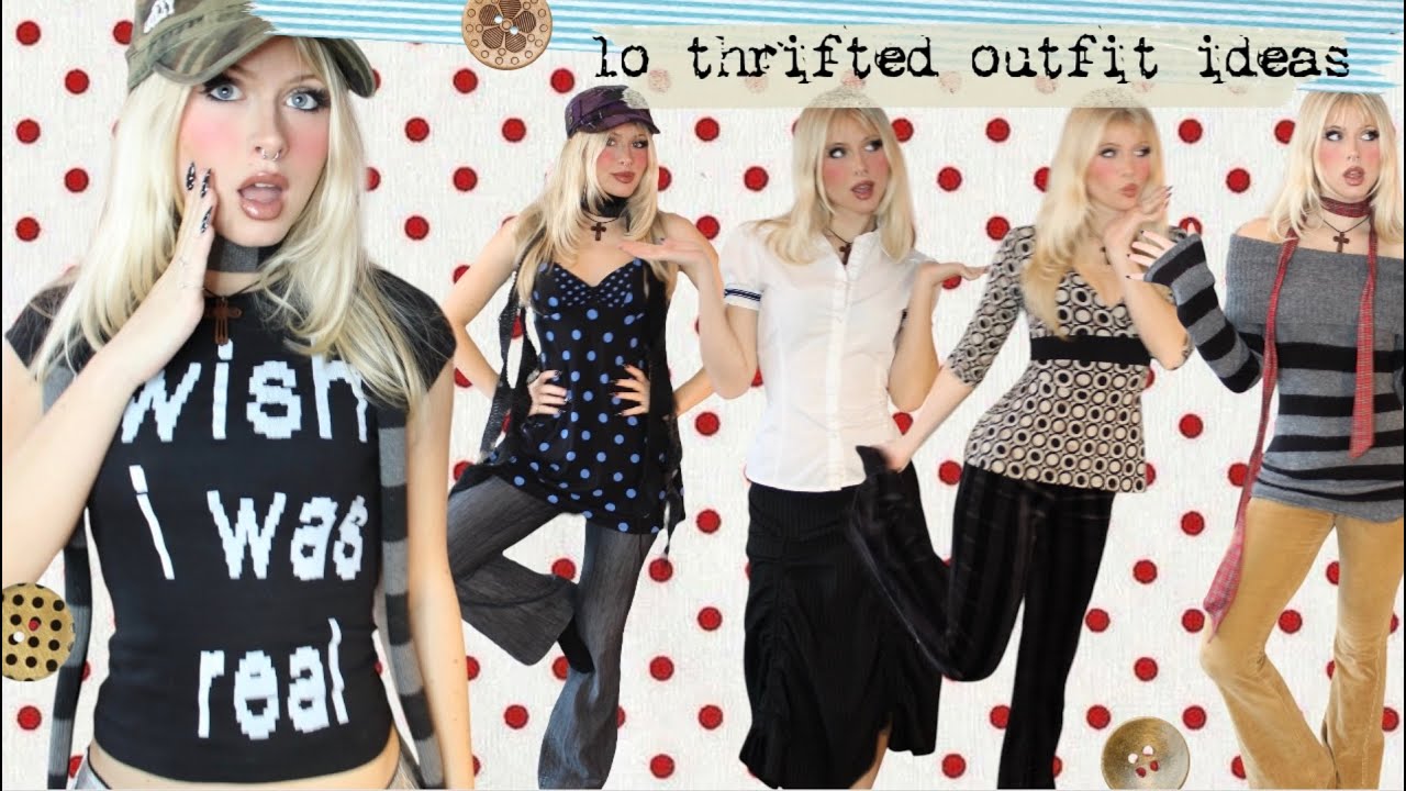 10 outfits with fully thrifted pieces ! (styling recent thrift finds) :3
