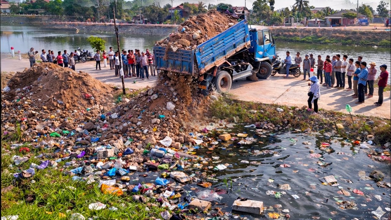 COMPLETE100% In The Flooded Village & Clear Garbage, Trash by Bulldozer Push, Dump Truck Unloading S