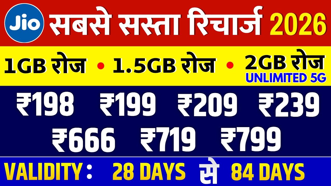 Sabse Sasta Recharge 2026 | Per Day 1gb 1.5gb 2gb Plan Unlimited 5g Data Validity 28 Days to 84 Days