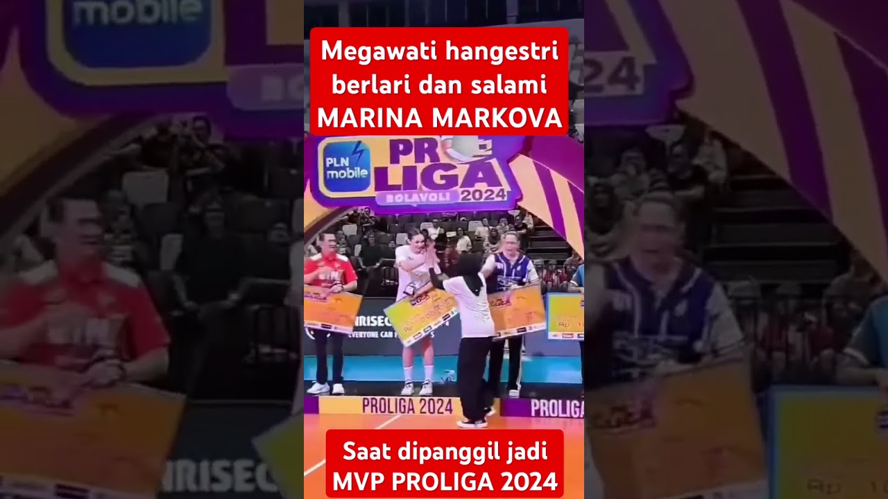 megawati hangestri berlari dan salami marina markova saat jadi MVP PROLIGA 2024