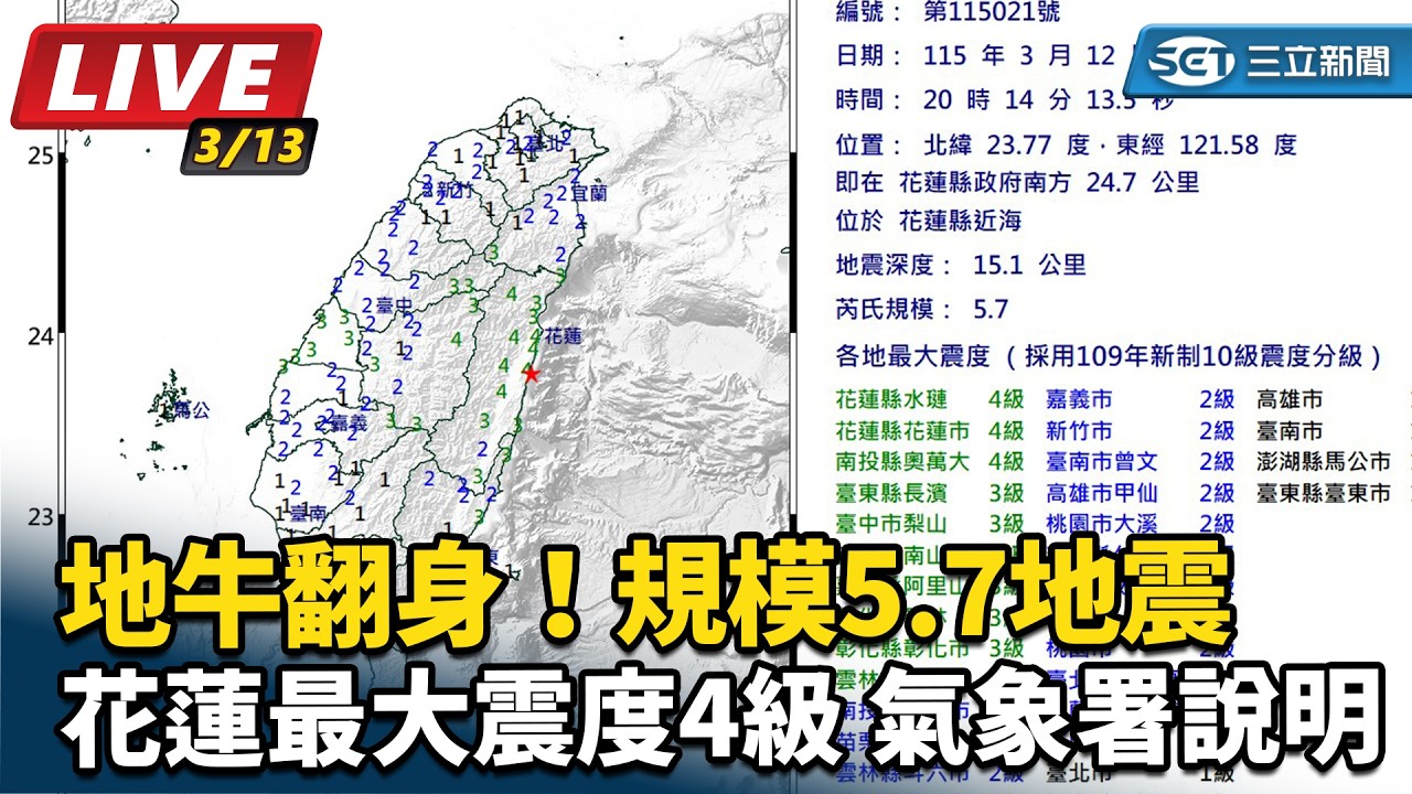 【直播完整版】地牛翻身！規模5.7地震　花蓮最大震度4級  氣象署說明｜三立新聞網 SETN.com
