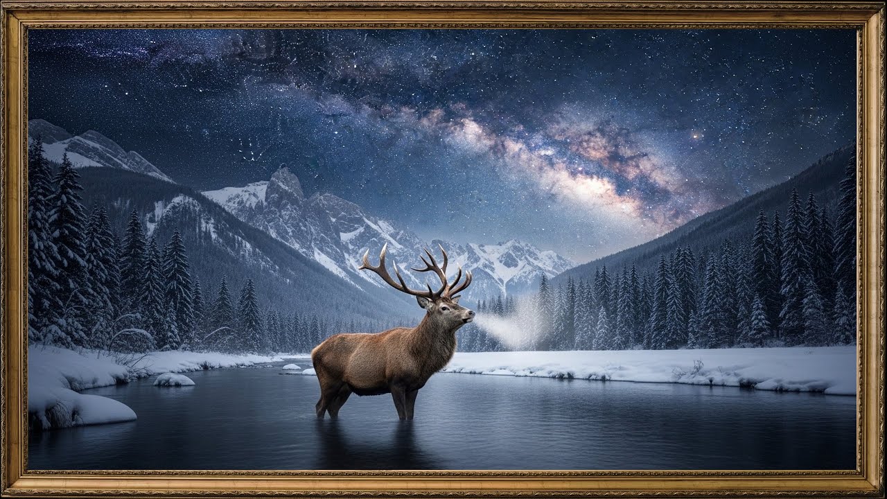 Winter Serenity: A Majestic Stag Beneath the Stars | 4K Ultra HD  Relaxing Frame TV Art