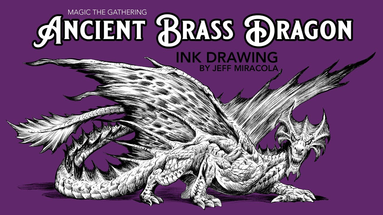 Magic the Gathering's Ancient Brass Dragon Ink Drawing by Jeff Miracola