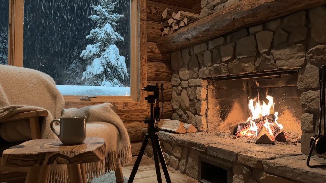 Deep Sleep in a Cozy Cabin ❄️ Fireplace & Snowstorm Sounds (1 Hour)