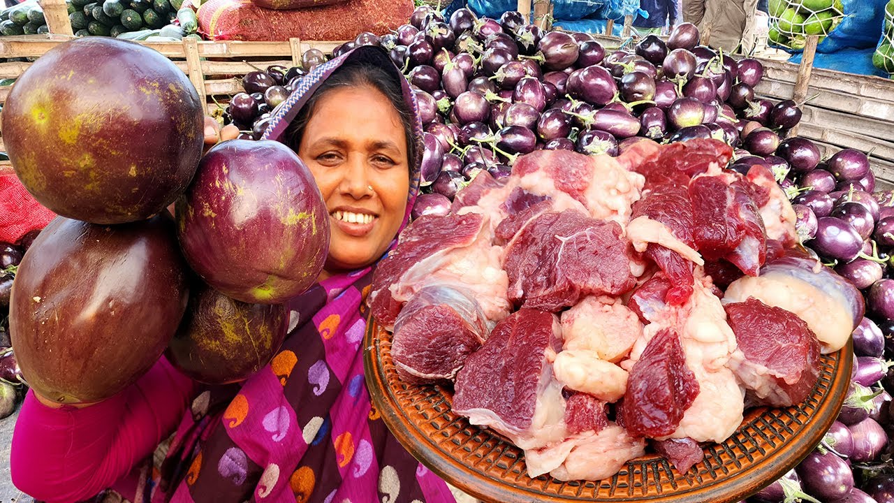 Giant Eggplant & Tasty Beef Recipe In my Village Bangla Tal Begun Cow Meat Curry Perfect Beef Curry