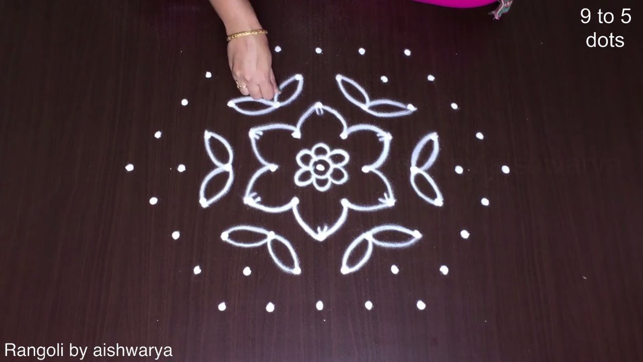 Simple big flower kolam muggulu for festivals | 9x5 middle dots amazing rangoli