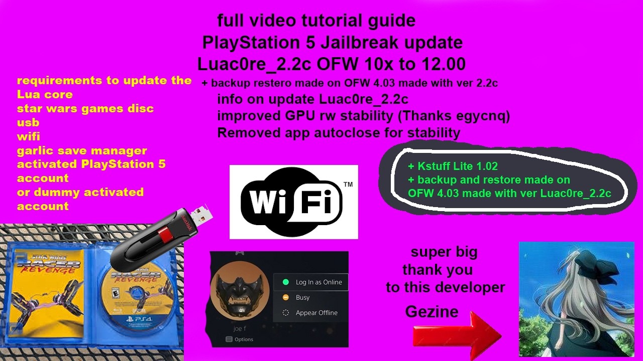 ps5 jailbreak update Luac0re_2.2c manually + backup and restore OFW 10.x 12.00 Kstuff Lite 1.02