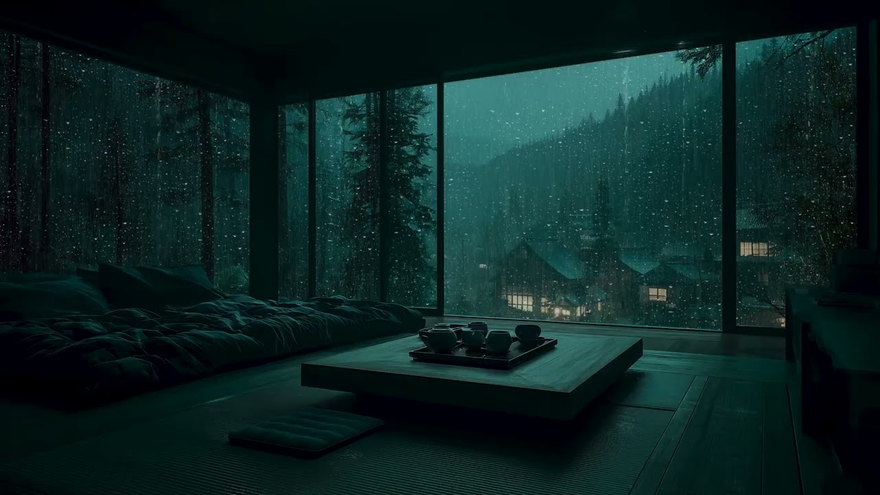A Warm Wooden House During Heavy Rain | Tranquil Night Atmosphere for Calm and Rest