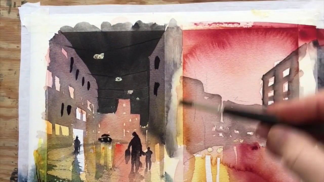 Akvarellövning: Stadsmiljö med nattstämning