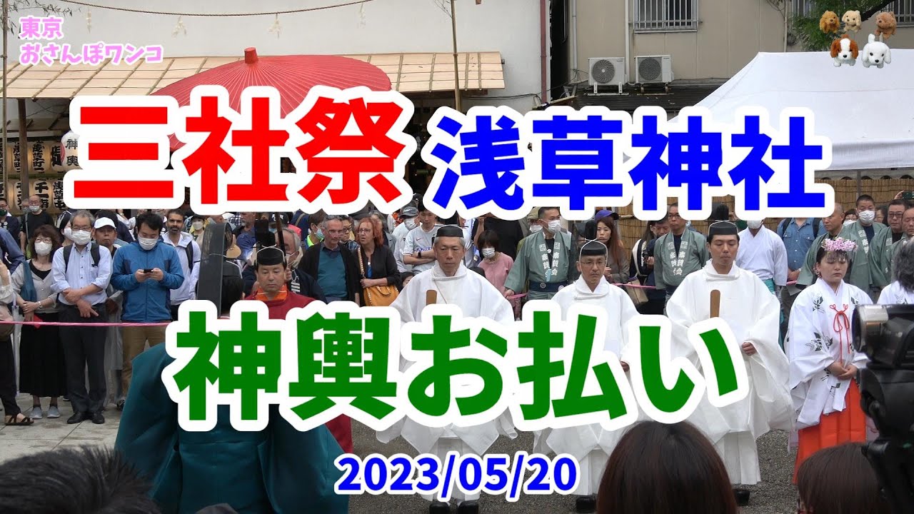 【三社祭】【浅草神社】【神輿】4K 高々と神輿かつぎ上げ！三社祭の神輿は町内を練り歩く前に、浅草神社のお祓いを受けます。神社では本殿で例大祭の儀式が行われ、その後に神輿の入場。 三社様は浅草神社の別称