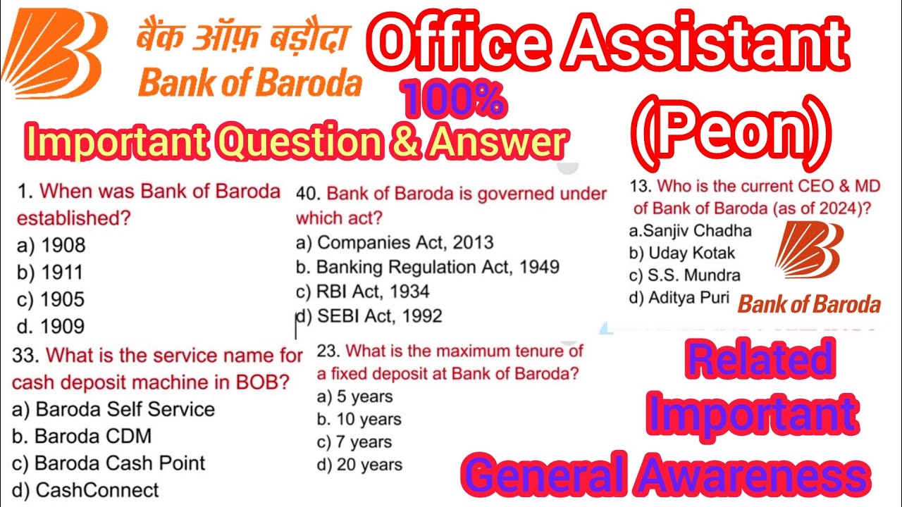 Bank of Baroda Recruitment 2025 | BOB office Assistant | Banking General Awareness MCQs |#bankexam