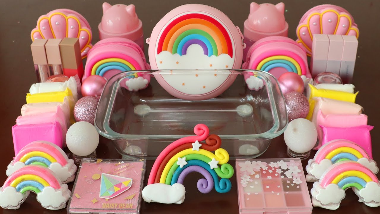 Mixing”Pink Rainbow” Eyeshadow and Makeup,parts,glitter Into Slime!Satisfying Slime Video!★ASMR★