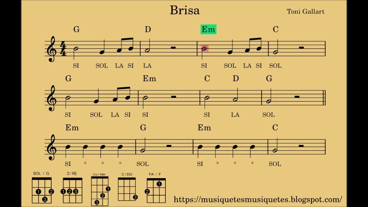 Brisa. Partitura f&agrave;cil. Notes: sol-la-si. S&Iacute; melodia.