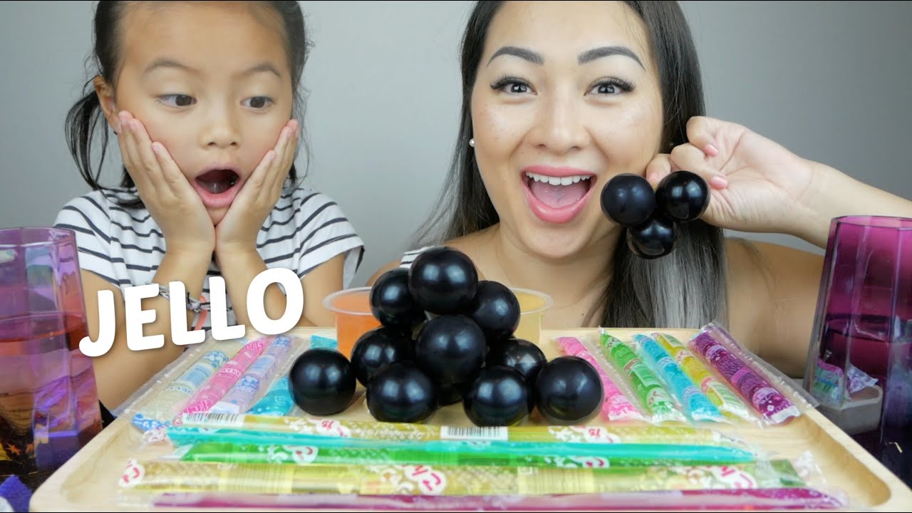 Japanese JELLO, Kyoho Grape Jelly, Noodle Stick Jelly & Fruit Cup Jello Mukbang | N.E Let's Eat