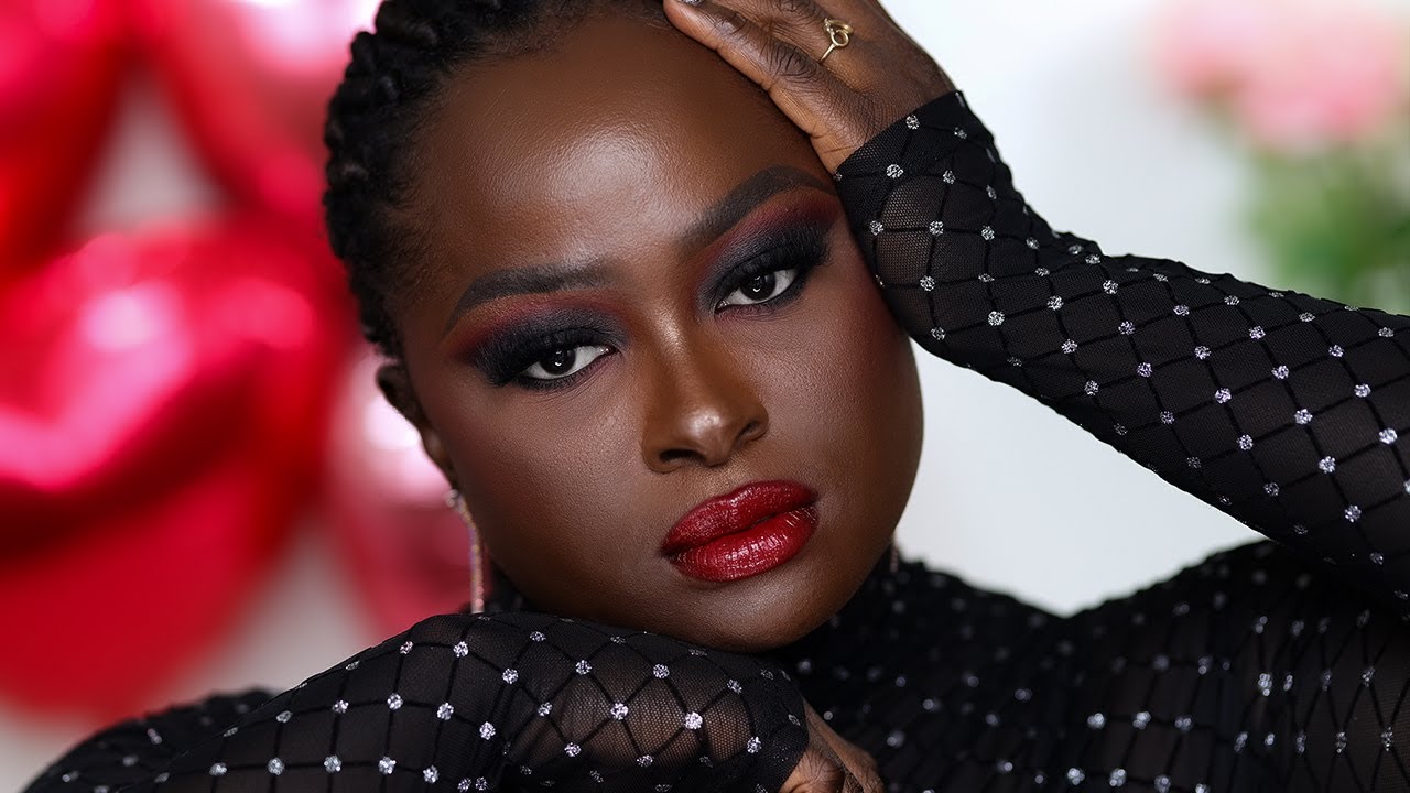 Black Smokey Eyes With Red Lips On Dark Skin | Dark Skin Makeup | Ohemaa