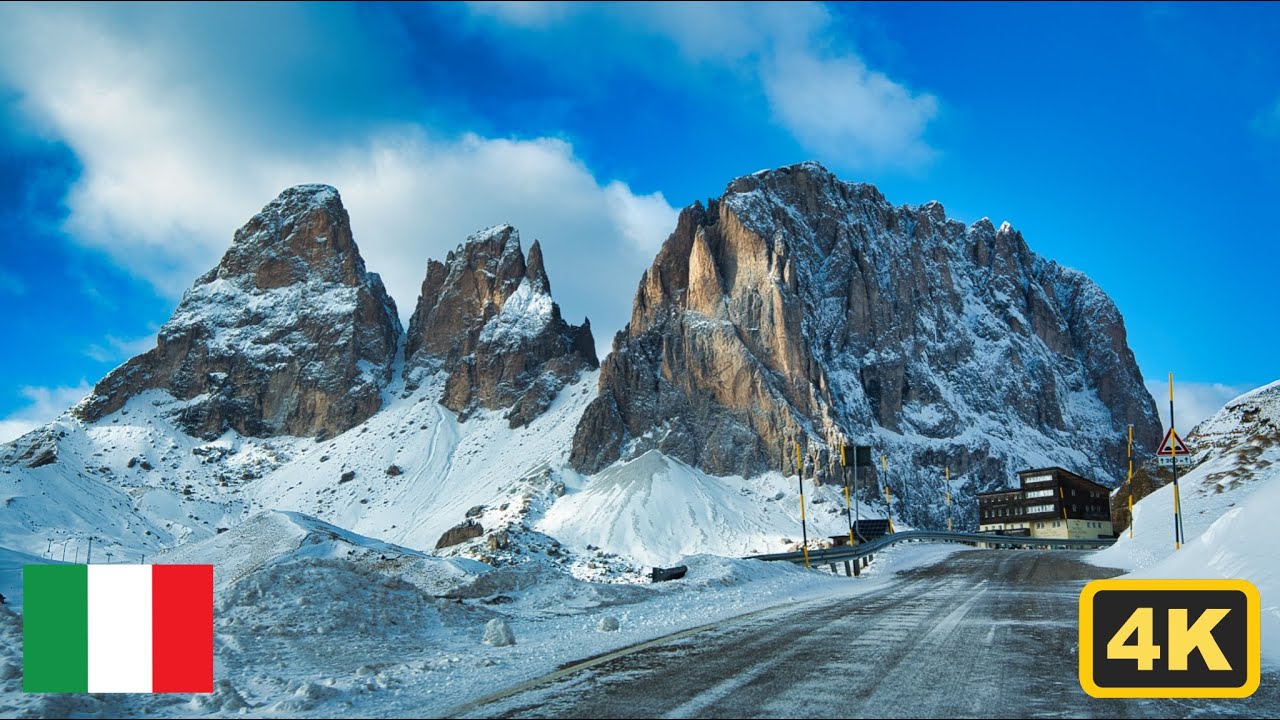 🇮🇹 Experiencing the Beauty of the Dolomites: A Snowy Drive on the Sella Pass | 4K #travel #italy