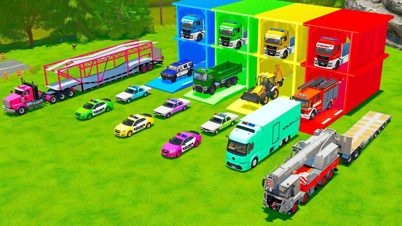 TRANSPOTING POLICE AND EMERGENCY VEHICLES, DUMP TRUCK, BACKHOE LOADER TO GARAGE - FS22