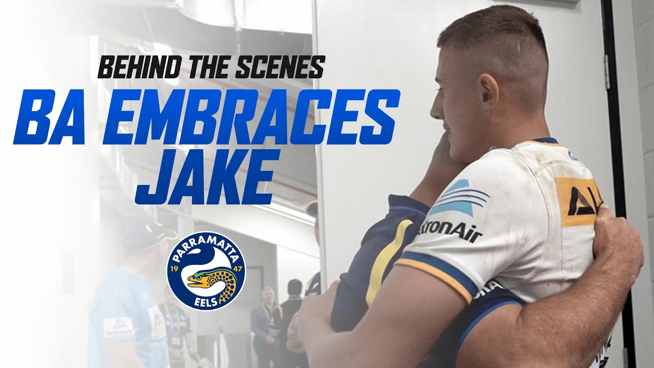 Emotional Brad Arthur embraces son Jake after his 2021 NRL debut