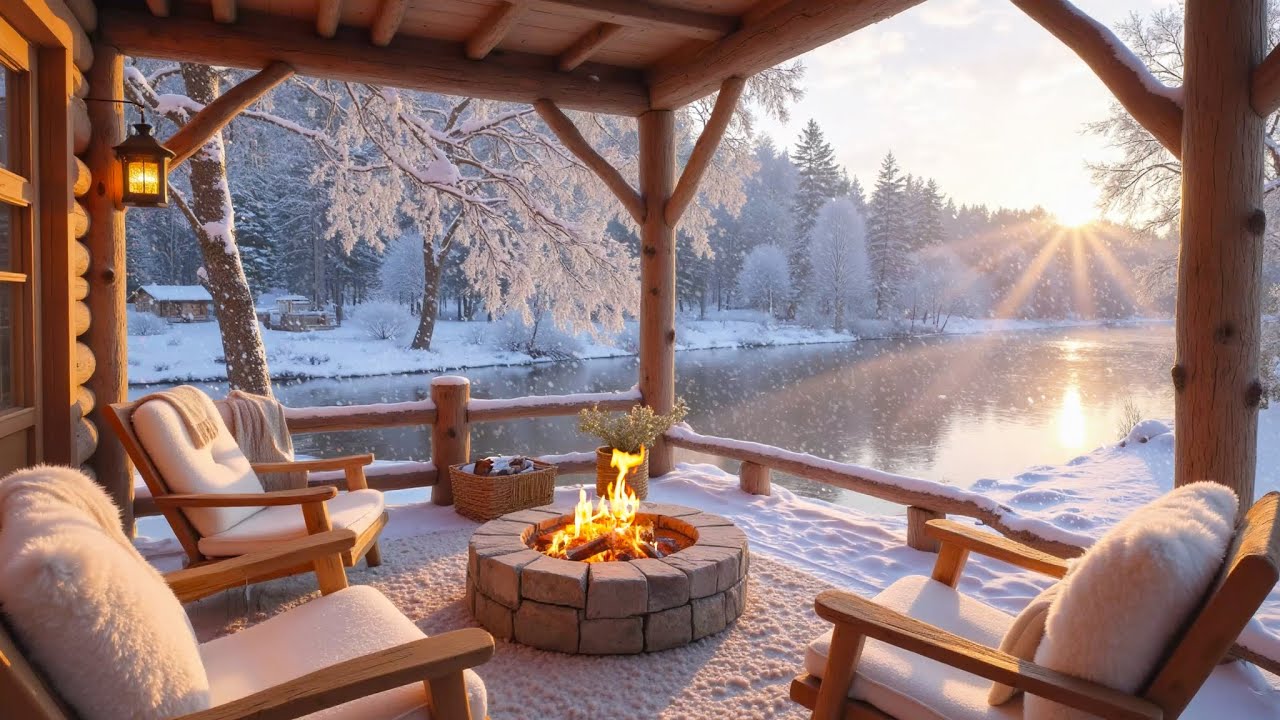 Winter Morning Porch by the River ❄️ ❄️🔥 Soft Piano Music & Cozy Campfire for Relaxation and Focus