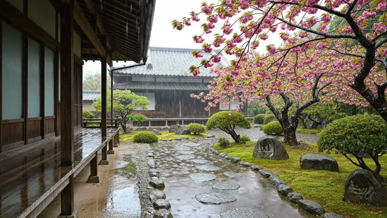 Cherry Blossom Rain 🌸 Relaxing Japanese Garden Rain Sounds for Sleep (3 Hours)
