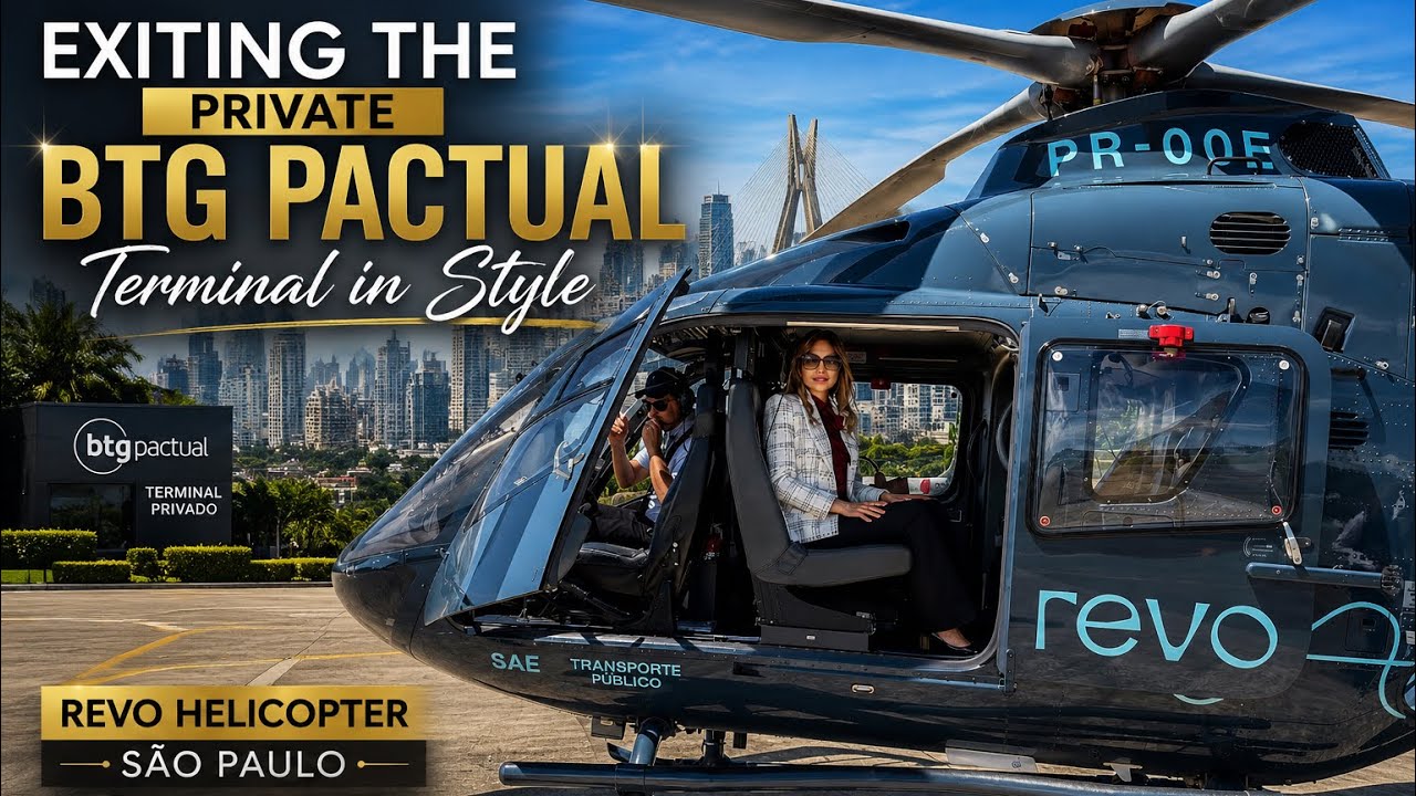 Terminal BTG Pactual Exit to City Skyline with Revo Helicopter Airpot Transfer in Sao Paulo