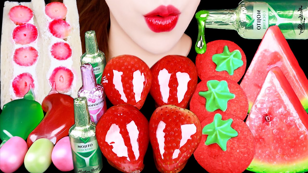 ASMR STRAWBERRY WATERMELON DESSERT *CHAMPAGNE CHOCOLATE, TANGHULU, CANDY JELLY EATING SOUNDS MUKBANG