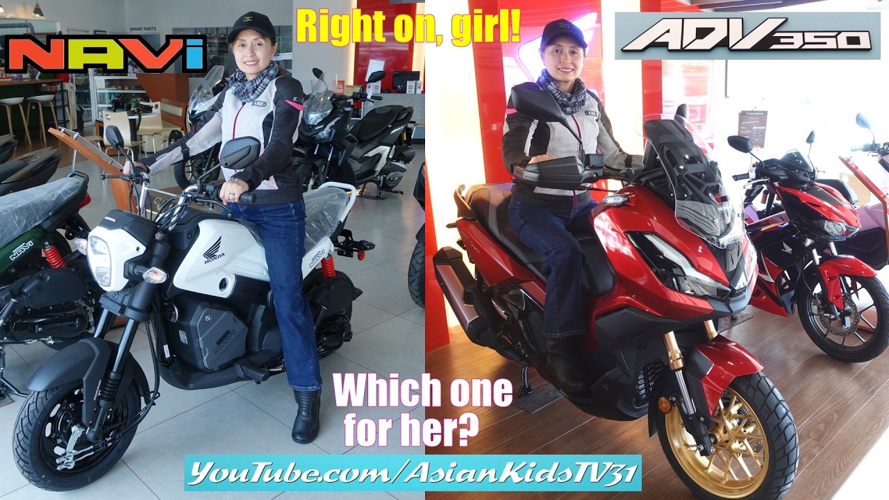 Honda ADV 350 Maxi Scooter and Honda NAVi Small Scooter Walk Around Video. A Girl Rider! Scooters!