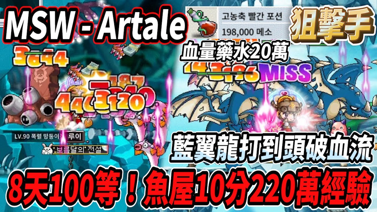 【MSW - Artale】8天來到100等！前往魚屋開練 10分鐘來到220萬經驗🔥久違的前往神木村🎵打個藍翼龍頭破血流🫠一罐血量藥水20萬楓幣💰【Rui】